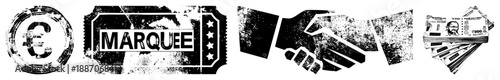 Grunge Styled Euro Currency Symbol, Marquee Sign, Handshake, and Indian Rupee Stack