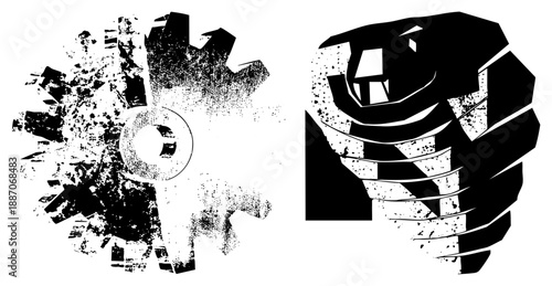 Abstract Mechanical Gear and Fist Silhouettes in Grunge Halftone Style