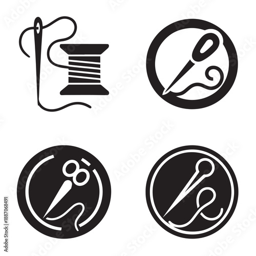 Set of simple black and white icons representing sewing and tailoring tools.