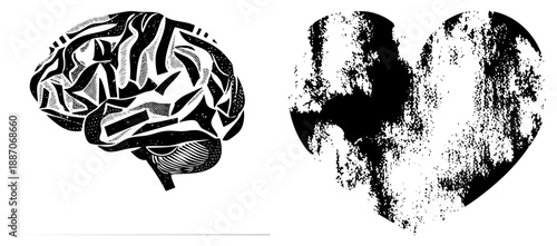 Abstract Brain and Heart Silhouettes in Halftone Vector Art