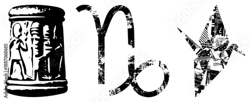 Zodiac Sign Capricorn, Ancient Egyptian Jar, and Origami Crane in Grunge Vector Art