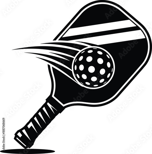 Pickleball paddle and ball icon set, motion lines and sporty grip for active lifestyle theme - flat vector illustration