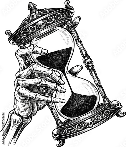 Skeletal hand holding ornate hourglass with skull motifs, gothic death and time symbol - flat vector illustration