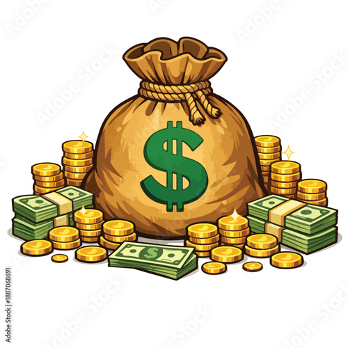 Large sack of money with stacks of cash and gold coins