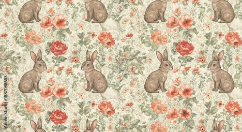 Brown Rabbits and Coral Poppies Seamless Pattern