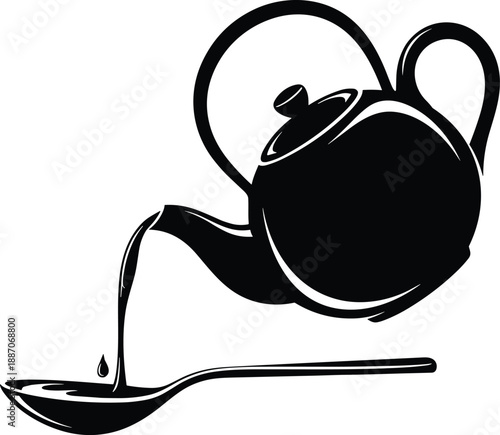 Teapot pouring into spoon icon set, kitchen ritual and beverage preparation sketch - flat vector illustration