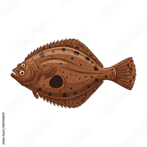 Brown flatfish with black spots on white background