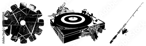 Abstract Industrial Gear, Turntable, and Fishing Rod Vector