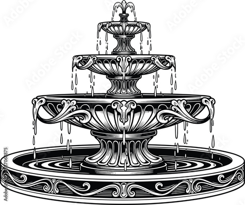 Tiered water fountain icon set, ornate garden sculpture with cascading flow and floral scrollwork - flat vector illustration