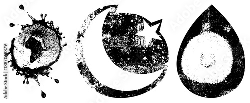 Grunge Textured Symbols Ink Splash, Star, Water Droplet