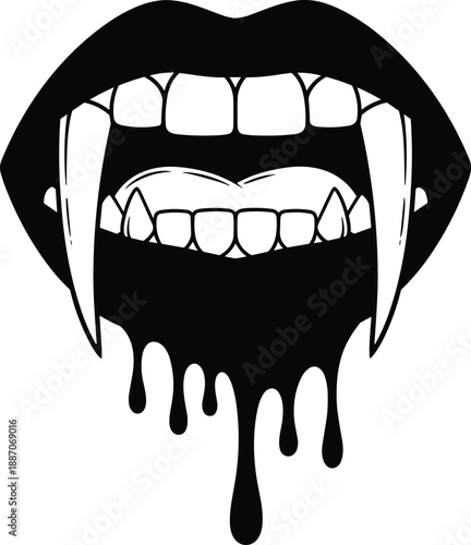 Vampire mouth vector illustration, black and white design with sharp fangs and dripping liquid horror effect