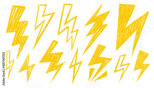 Set of dynamic yellow energy flash scribble punk rock shape. Thunder lightening bolt symbols crayon sketch. Electric energy silhouette, light power concept. Sports logo set. thunderbolt, blitz strike