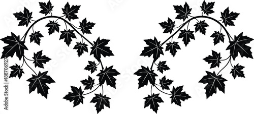 Maple leaf vine ornament icon set, symmetrical decorative arc for nature framing and seasonal design - flat vector illustration