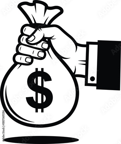 Money bag icon set, hand holding dollar sack for finance, banking and investment theme - flat vector illustration