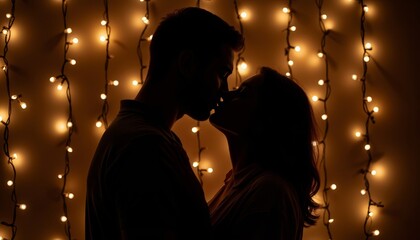 Couple kissing in silhouette with fairy lights in background  