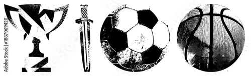 Vintage Halftone Sports Trophy, Sword, Soccer Ball, Basketball