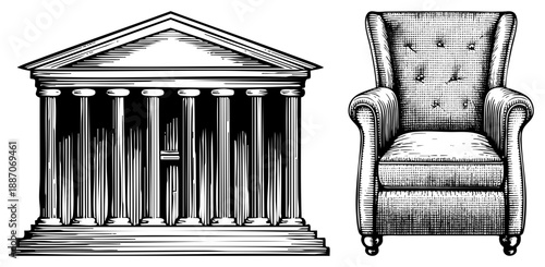 Classical Temple Columns and Tufted Wingback Armchair Vector Illustration