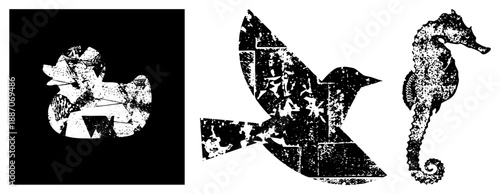 Stylized Rubber Duck, Flying Bird, and Seahorse in Fragmented Halftone Vector Art