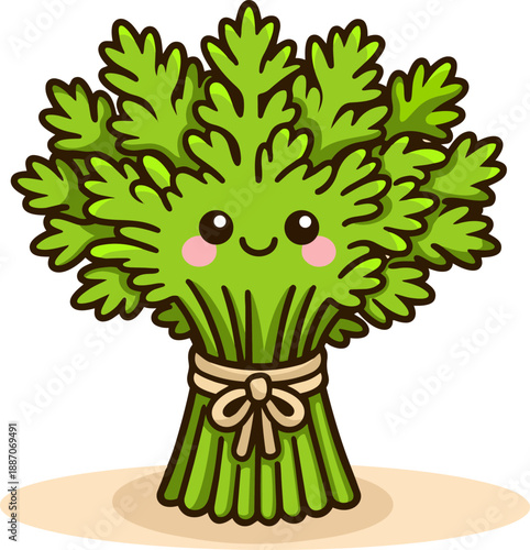 Cute kawaii parsley with sparkling eyes, smiling face, and rosy cheeks. Bright green, leafy shape, cartoon style with thick outlines and flat colors. Fun and playful, perfect for stickers