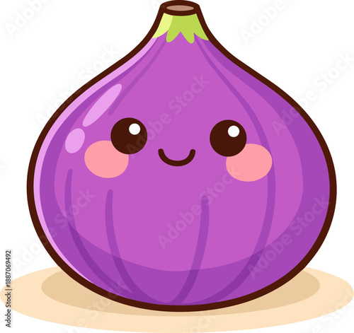 Cute kawaii fig with a smiling face and rosy cheeks. Deep purple and pink shades, with a sliced open section showing the seeds. Cartoon style with thick outlines and flat colors.