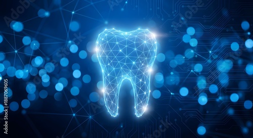 Digital glowing tooth icon made of interconnected dots and lines, representing dental technology, data, and futuristic dentistry concept against a dark blue background with bokeh lights
