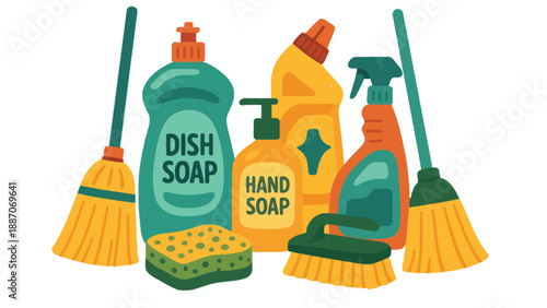 A collection of colorful cleaning supplies on a white background