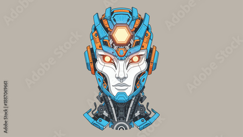 Detailed Futuristic Robot Head with Glowing Eyes and Intricate Mechanics.