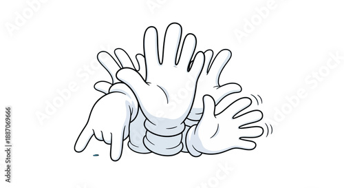 Multiple hands reaching out in various directions with palms facing outward.