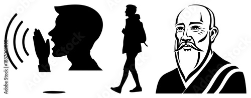 Three Black Silhouettes Depicting Shouting, Walking Traveler, and Bearded Sage Portrait