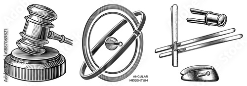 Vintage Legal Gavel, Abstract Angular Megentum, and Classic Mouse & Pliers Set