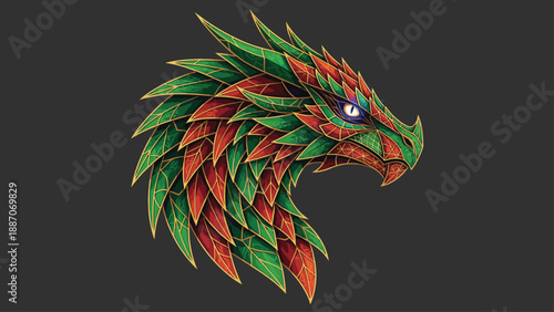 Detailed Illustration of a Fierce Dragon Head with Green and Red Scales.