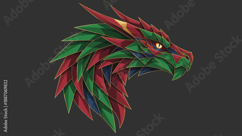 Detailed Illustration of a Fierce Dragon Head with Green and Red Scales.