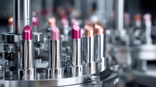 A row of lipsticks are being made in a factory