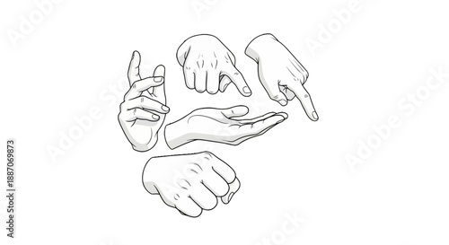 Various Hand Gestures Illustrated in Simple Line Art.