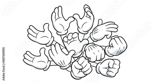 Multiple hands reaching out in various gestures.