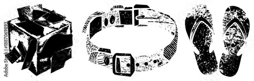 Grunge Styled Vector of Cube, Belt, and Flip Flops with Textured Effects