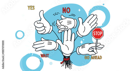Cartoon hand gestures showing approval, disapproval, and warning signs.