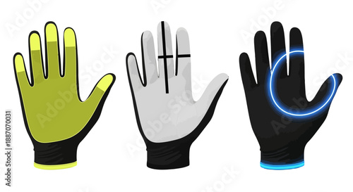 Three goalkeeper gloves with distinct designs and colors.