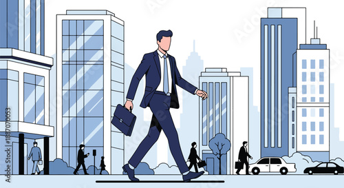 Vector illustration of a young businessman walking confidently through the city, symbolizing modern leadership, ambition, and professional urban lifestyle in flat vector style