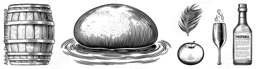 Vintage Wooden Barrel, Floating Potato, Palm Leaf,, Propanol Bottle & Champagne Glass