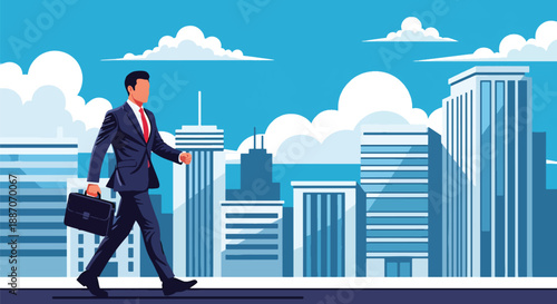 Vector illustration of a young businessman walking confidently through the city, symbolizing modern leadership, ambition, and professional urban lifestyle in flat vector style