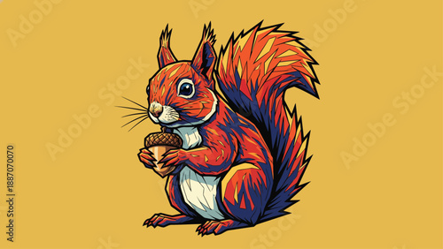 Detailed Illustration of a Red Squirrel Holding an Acorn.