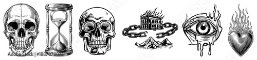 Vintage Skull, Hourglass, Eye of Providence and Burning Heart Symbols