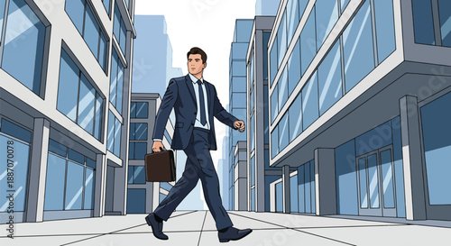 Vector illustration of a young businessman walking confidently through the city, symbolizing modern leadership, ambition, and professional urban lifestyle in flat vector style