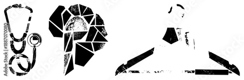 Medical Stethoscope, Brain Fragment, and Scalpel in Grunge Vector Style