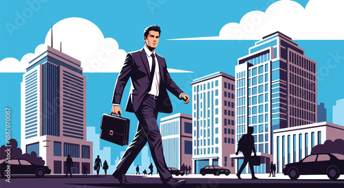 Vector illustration of a young businessman walking confidently through the city, symbolizing modern leadership, ambition, and professional urban lifestyle in flat vector style