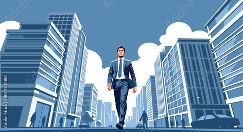 Vector illustration of a young businessman walking confidently through the city, symbolizing modern leadership, ambition, and professional urban lifestyle in flat vector style