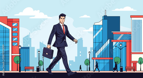 Vector illustration of a young businessman walking confidently through the city, symbolizing modern leadership, ambition, and professional urban lifestyle in flat vector style