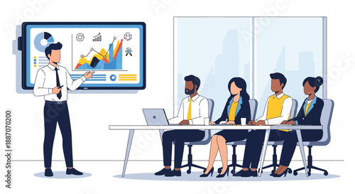 Vector illustration of a young businessman giving a digital presentation, showing leadership, innovation, and professional communication in flat vector style