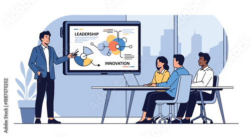 Vector illustration of a young businessman giving a digital presentation, showing leadership, innovation, and professional communication in flat vector style